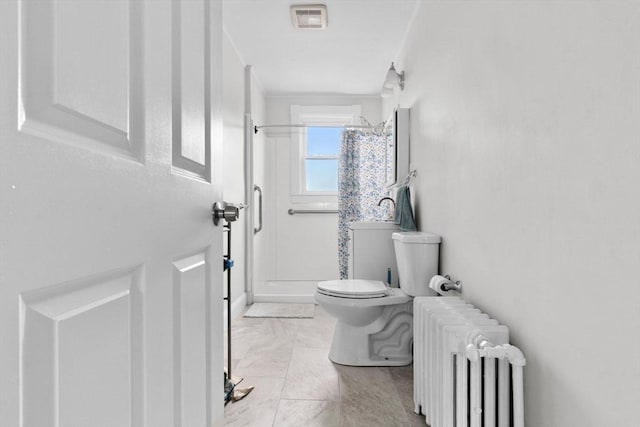 11 Barr St, Salem, MA 01970 - full bath featuring radiator, a shower with curtain, marble finish flooring, and crown molding