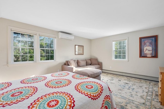 bedroom featuring baseboard heating and a wall mounted air conditioner