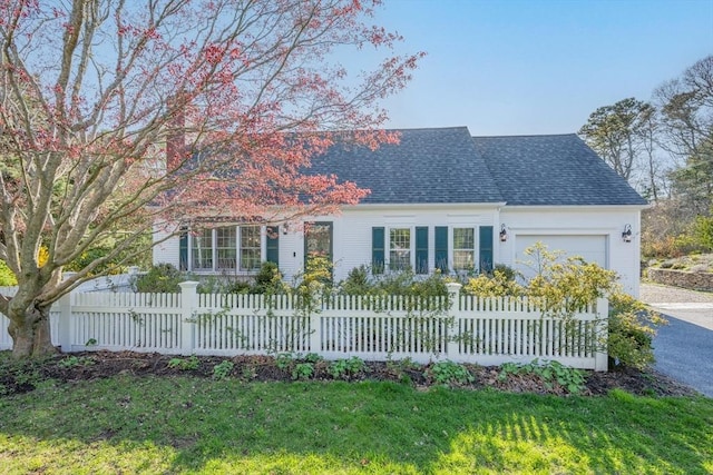 cape cod house with a garage, driveway, and roof with shingles