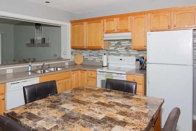 51 Pinecrest Dr Unit 51, Chicopee, MA 01020 - kitchen featuring white appliances, under cabinet range hood, a sink, decorative backsplash, and light brown cabinets