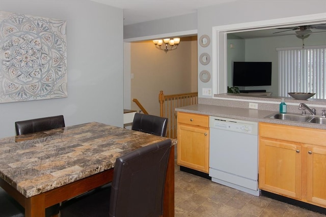 51 Pinecrest Dr Unit 51, Chicopee, MA 01020 - kitchen with dishwasher, a sink, ceiling fan, light brown cabinetry, and a chandelier