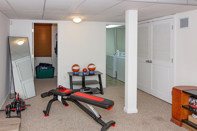51 Pinecrest Dr Unit 51, Chicopee, MA 01020 - exercise area with a drop ceiling, washing machine and clothes dryer, carpet, and baseboards