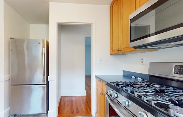 kitchen featuring stainless steel appliances and dark hardwood / wood-style floors