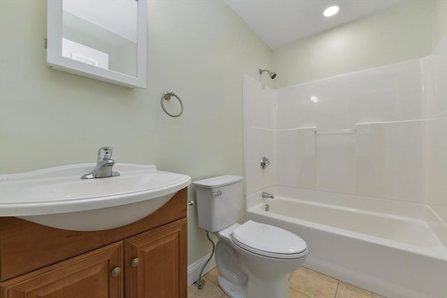 bathroom featuring tile patterned flooring,  shower combination, toilet, and vanity