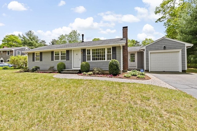 258 Plympton Rd, Plymouth, MA 02360 - single story home featuring an attached garage, asphalt driveway, a chimney, and a front lawn