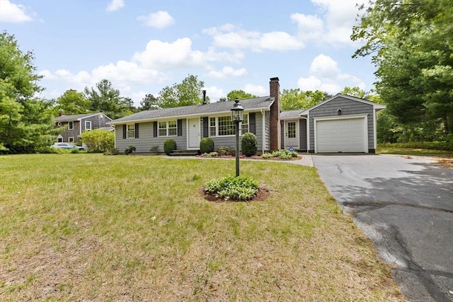 258 Plympton Rd, Plymouth, MA 02360 - single story home with asphalt driveway, an attached garage, a front lawn, and a chimney