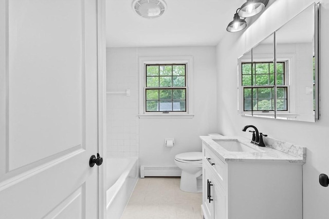 258 Plympton Rd, Plymouth, MA 02360 - bathroom with a baseboard radiator, vanity, toilet, and tile patterned flooring
