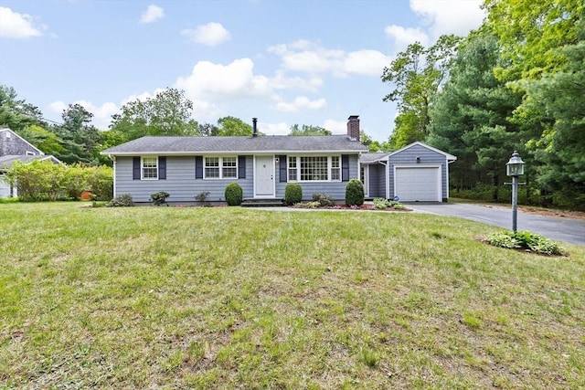 258 Plympton Rd, Plymouth, MA 02360 - single story home with asphalt driveway, a chimney, a garage, and a front lawn