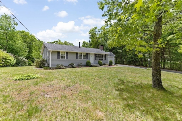 258 Plympton Rd, Plymouth, MA 02360 - view of front of property featuring an attached garage, a chimney, a front lawn, and driveway
