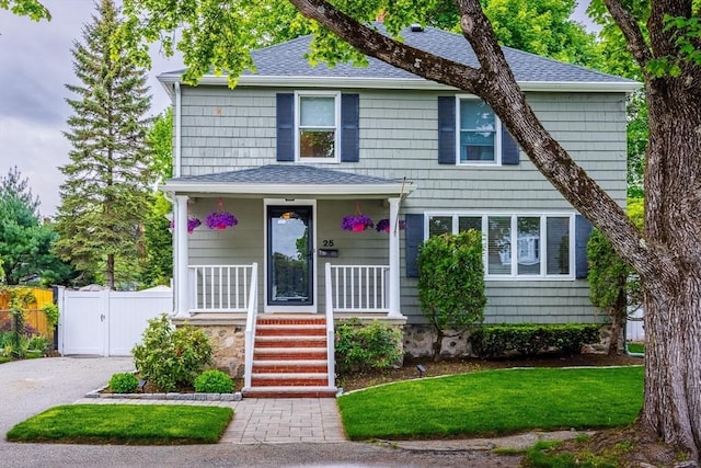 25 Lewis St, Reading, MA 01867 - view of front of home with roof with shingles and covered porch