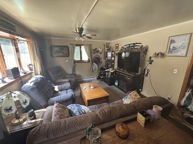 55 Canton St, Fitchburg, MA 01420 - living area featuring a ceiling fan and a baseboard radiator