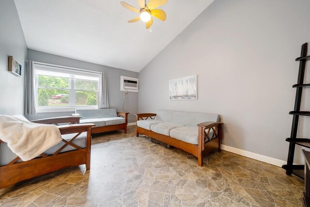 27 Mason Ct Unit 27, Amesbury, MA 01913 - bedroom featuring stone floors, high vaulted ceiling, a wall mounted air conditioner, baseboards, and ceiling fan