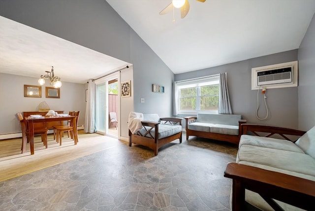 27 Mason Ct Unit 27, Amesbury, MA 01913 - bedroom with access to exterior, a wall mounted air conditioner, stone finish flooring, a chandelier, and high vaulted ceiling