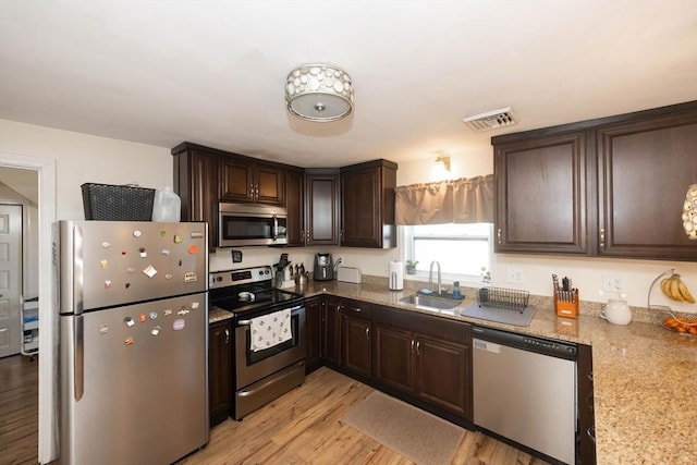 kitchen with dark brown cabinets, visible vents, appliances with stainless steel finishes, and a sink