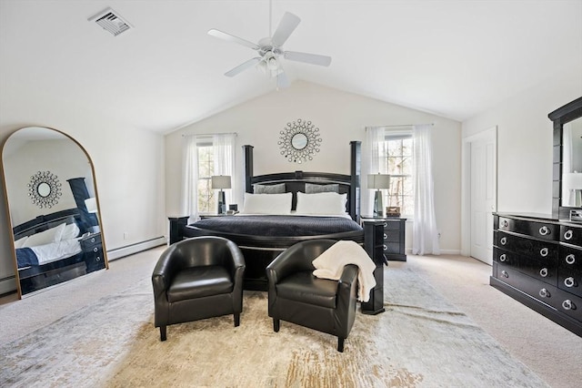 86 Pioneer Trl, Plymouth, MA 02360 - carpeted bedroom featuring a baseboard heating unit, vaulted ceiling, ceiling fan, and baseboards
