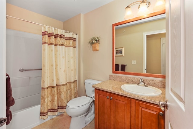 full bathroom with shower / bath combination with curtain, tile patterned flooring, vanity, and toilet