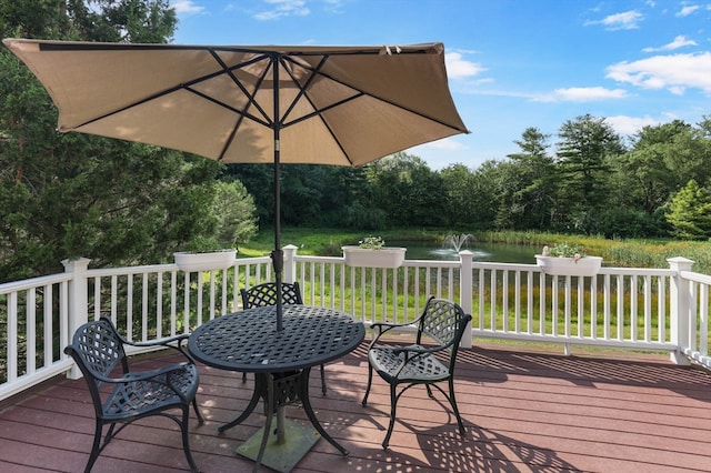 wooden terrace featuring a water view