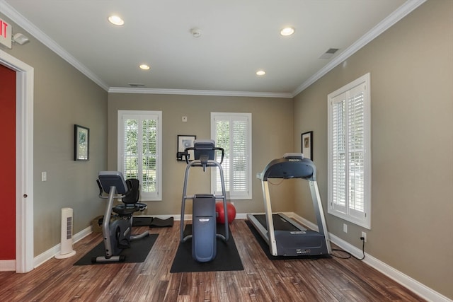 exercise room featuring ornamental molding, dark hardwood / wood-style flooring, and a wealth of natural light