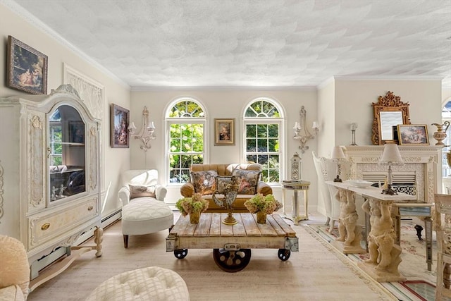 sitting room with wood finished floors, ornamental molding, and a baseboard radiator