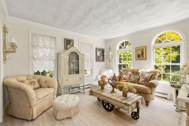living area with a baseboard radiator, ornamental molding, wood finished floors, and baseboard heating