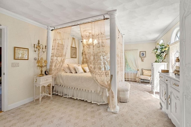 carpeted bedroom with crown molding and a chandelier