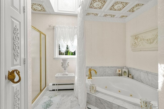 bathroom featuring a stall shower and a tub with jets