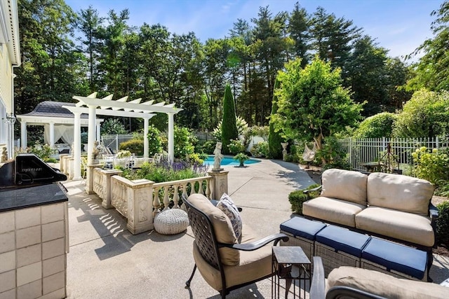 view of patio featuring an outdoor living space, a pergola, fence, view of scattered trees, and grilling area