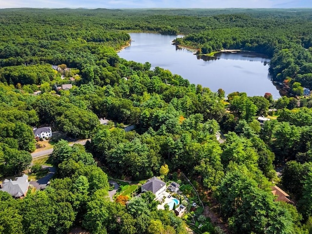 aerial view of property and surrounding area featuring a forest and a large body of water