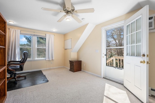 carpeted office featuring a ceiling fan, baseboards, and baseboard heating