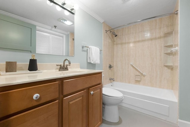 bathroom featuring toilet, vanity, crown molding, and shower / tub combination