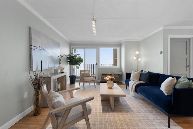 living area featuring wood finished floors, baseboards, and ornamental molding