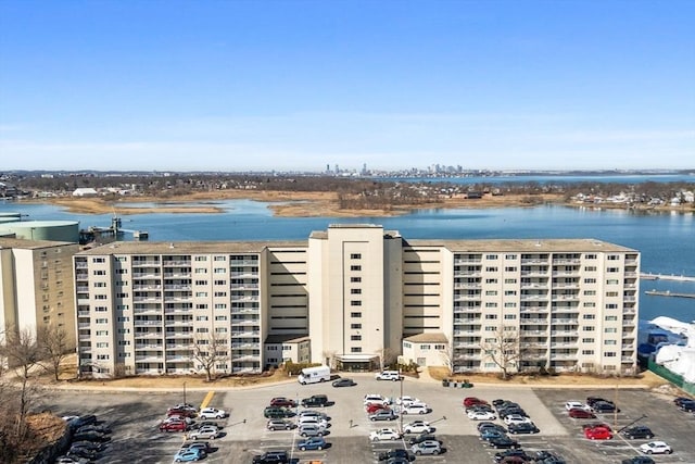 aerial view with a city view and a water view