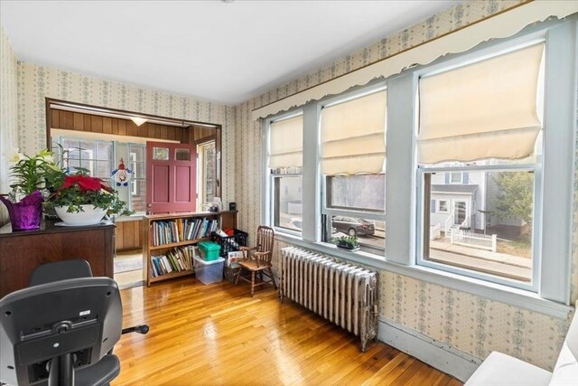13 Conwell Ave, Somerville, MA 02144 - office area with wallpapered walls, radiator heating unit, and wood finished floors