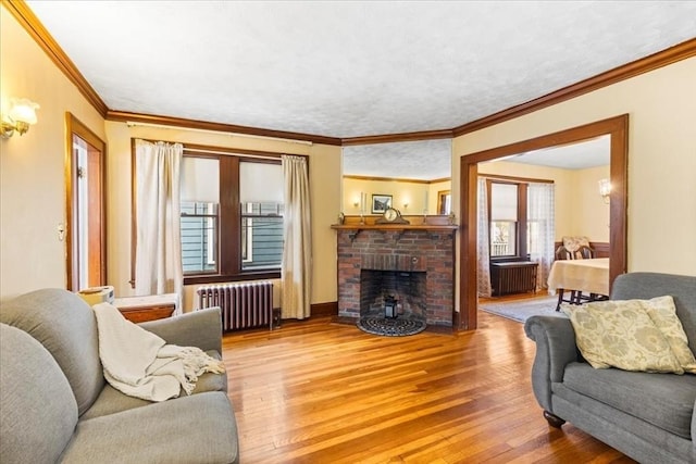 13 Conwell Ave, Somerville, MA 02144 - living area with radiator heating unit, crown molding, light wood-style floors, and a fireplace