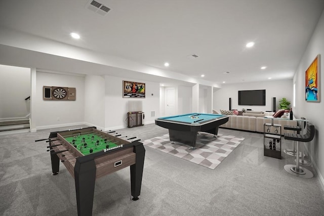 rec room featuring light colored carpet and billiards