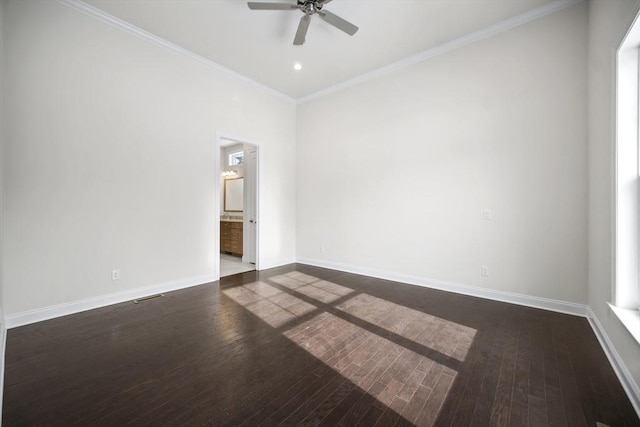 unfurnished room with dark hardwood / wood-style flooring, ornamental molding, and ceiling fan