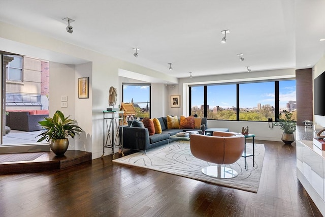 living room with plenty of natural light and wood finished floors