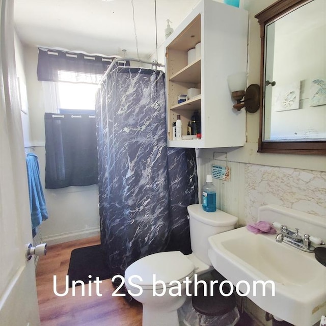 bathroom featuring a sink, curtained shower, toilet, and wood finished floors