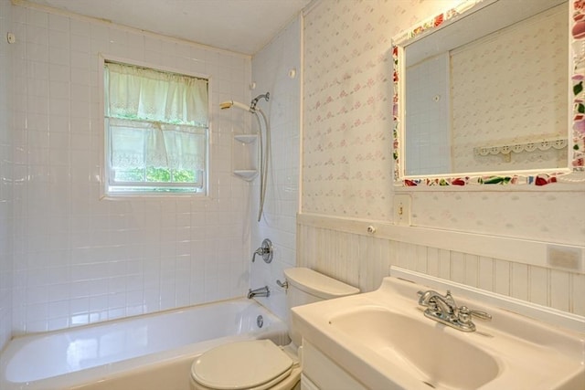 22 Willis Lake Dr, Sudbury, MA 01776 - full bath with wallpapered walls,  shower combination, wainscoting, and vanity