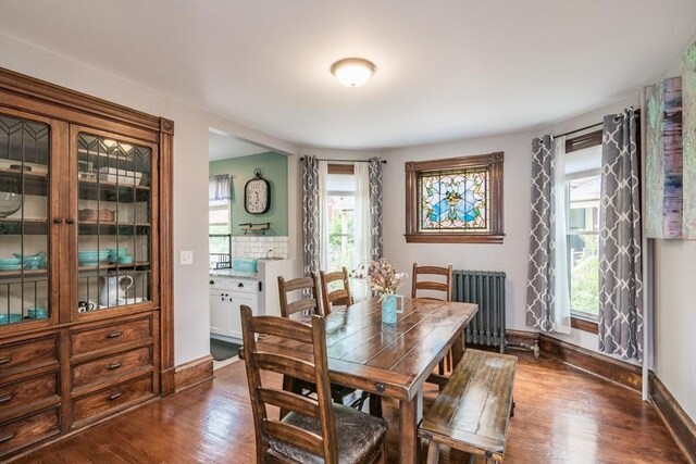 61 Fairfield Ave, Holyoke, MA 01040 - dining area featuring radiator, dark wood-style floors, plenty of natural light, and baseboards
