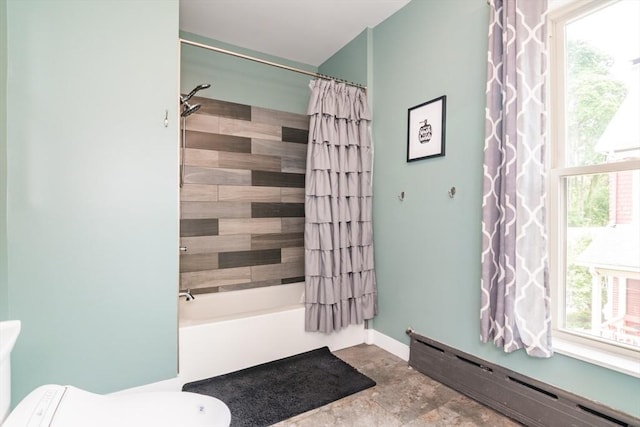 61 Fairfield Ave, Holyoke, MA 01040 - full bath with a baseboard heating unit, shower / bath combo with shower curtain, stone finish floors, toilet, and baseboards