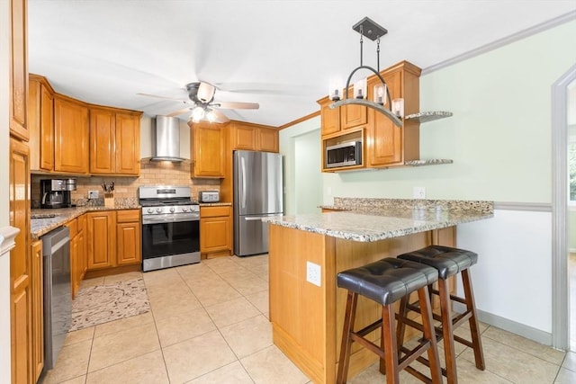 4 Charles River Rd, Medway, MA 02053 - kitchen featuring stainless steel appliances, wall chimney exhaust hood, a peninsula, decorative backsplash, and light stone counters