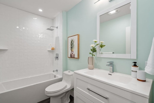 full bath with visible vents, toilet, shower / washtub combination, recessed lighting, and vanity