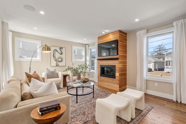 living room featuring wood finished floors, recessed lighting, and a fireplace