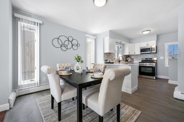 dining room featuring sink and dark hardwood / wood-style flooring