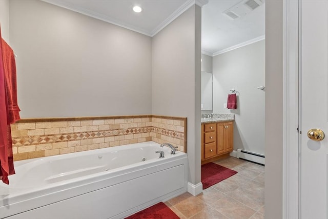 bathroom with a whirlpool tub, crown molding, tile patterned flooring, a baseboard radiator, and vanity