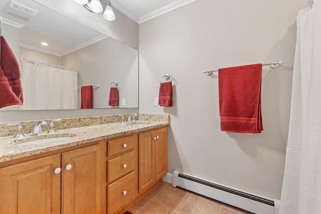 full bathroom featuring tile patterned flooring, ornamental molding, double vanity, baseboard heating, and a sink