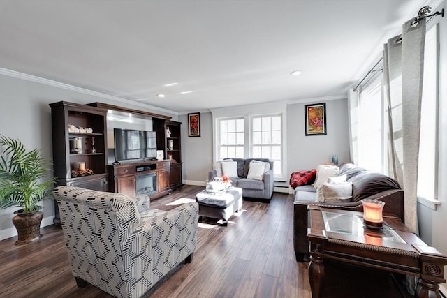 living area with crown molding, baseboards, and dark wood-style flooring