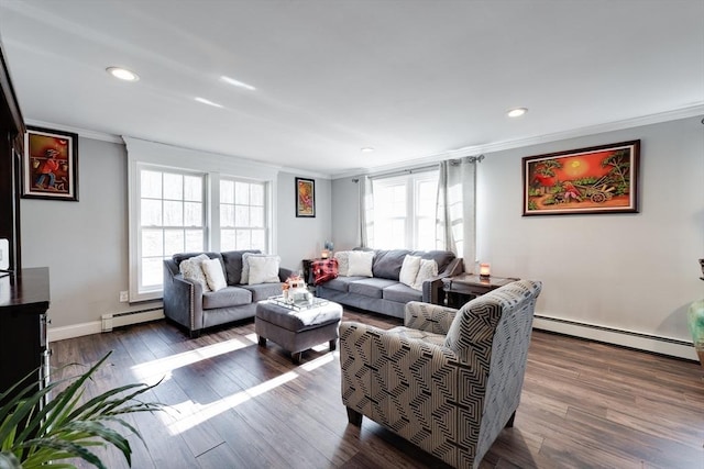 living area featuring ornamental molding and a baseboard radiator