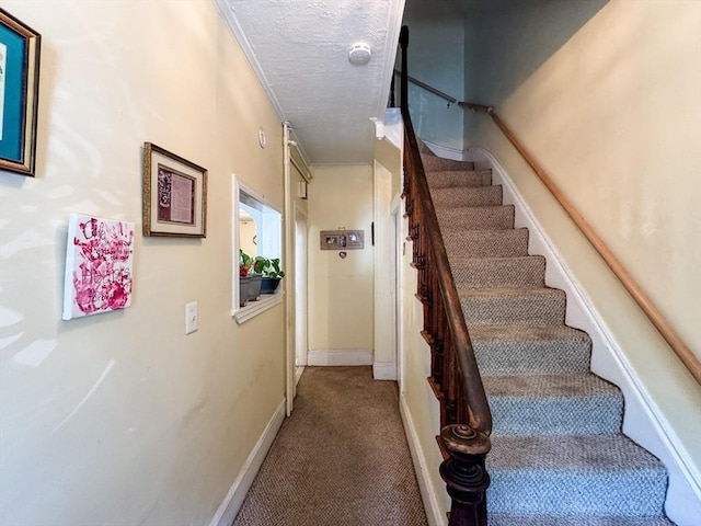 stairway with carpet floors, a textured ceiling, and baseboards